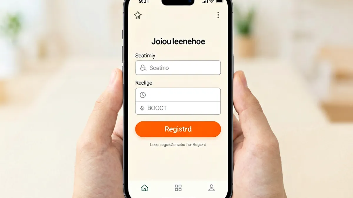 jm官网新手操作界面示意图，显示账号注册流程和主页导航栏布局，配色以橙色和深灰色为主