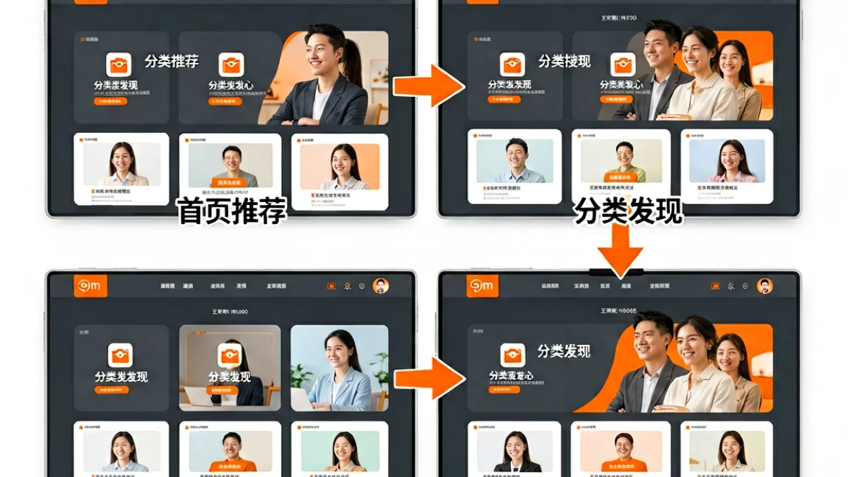 jm官网主页结构分解图，用箭头标注首页推荐、分类发现、搜索和个人中心四个核心入口的位置