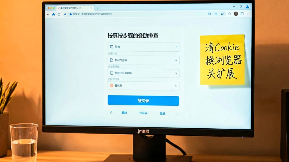 电脑屏幕显示 jm官网登录页面，旁边放着便签记录已尝试的排查步骤，桌面上有一杯水和无线鼠标，体现用户正在按步骤自助排查的场景